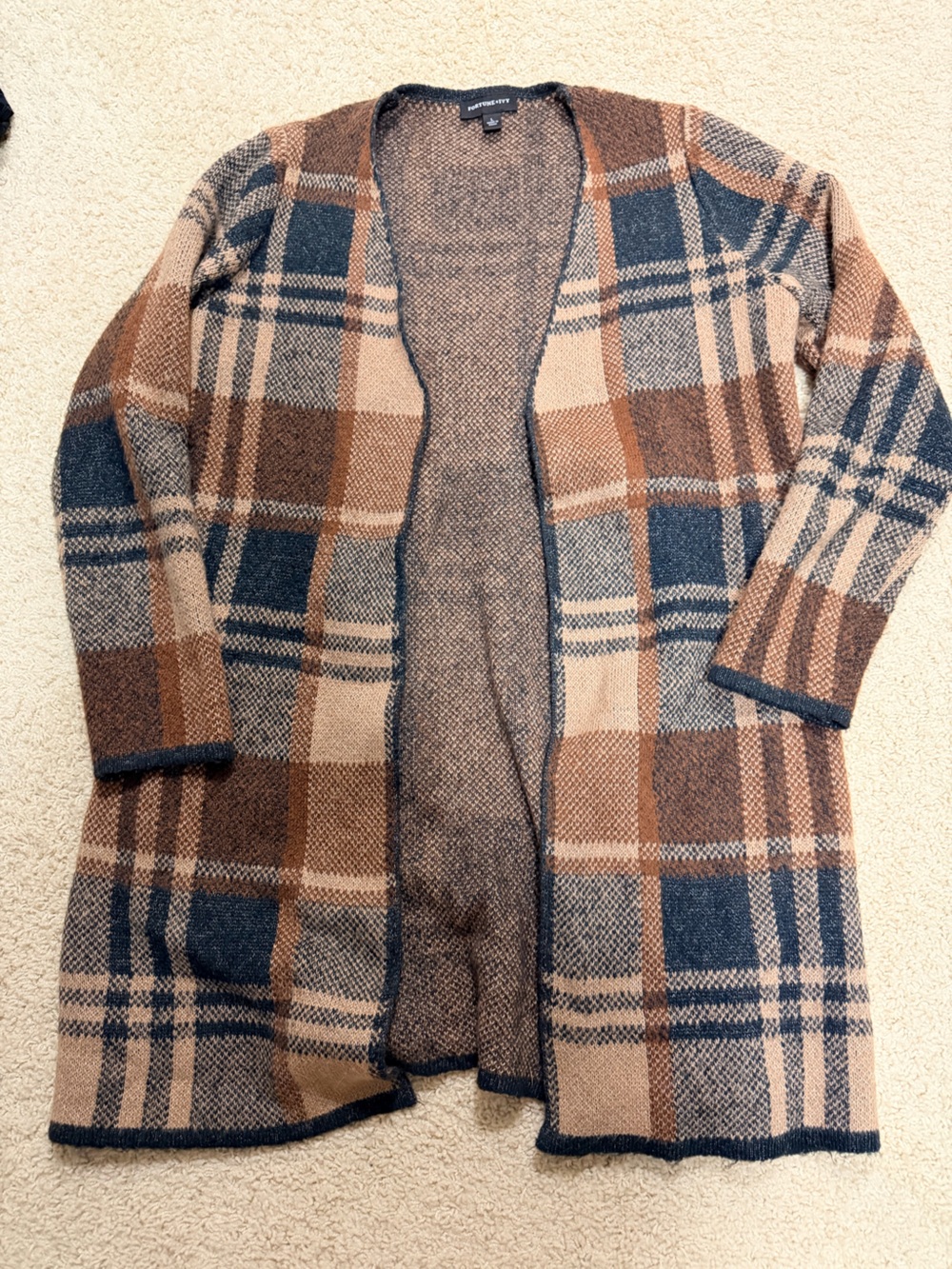 Open-Front Plaid Long Cardigan Sweater - Brown & Blue